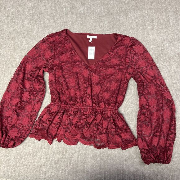 NWT‎ Maurices Sm Feminine Lace V Neck Peplum Dress Top Balloon Sleeves Romantic - Picture 1 of 5